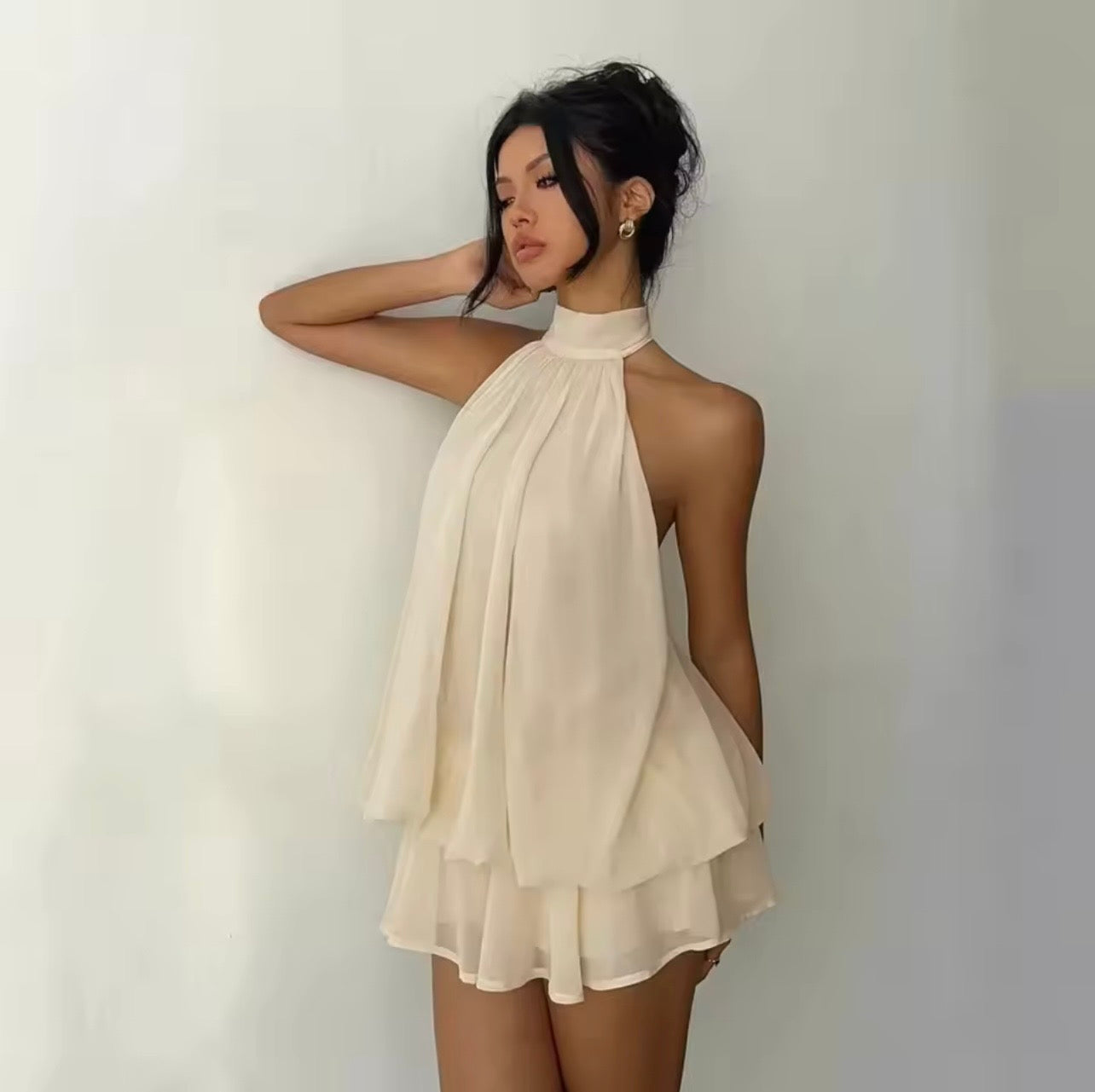Lucia| Vestido Halter para Mujer, Minifalda Transparente de Gasa con Espalda Descubierta y Lazos Delanteros, Vestido de Fiesta Y2K Vintage Sexy y Moderno para Cumpleaños
