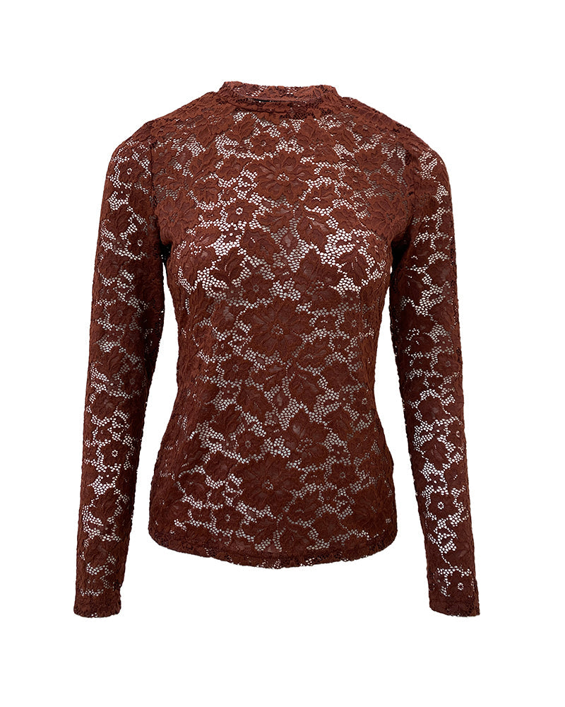 Blusa elegante de mujer, de encaje transparente, manga larga, cuello redondo, corte ajustado y transparente; camiseta interior