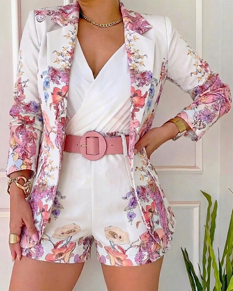 Conjunto de blazer y pantalones cortos con estampado floral para mujer: elegante chaqueta de una sola fila de botones y pantalones cortos de cintura alta con cinturón