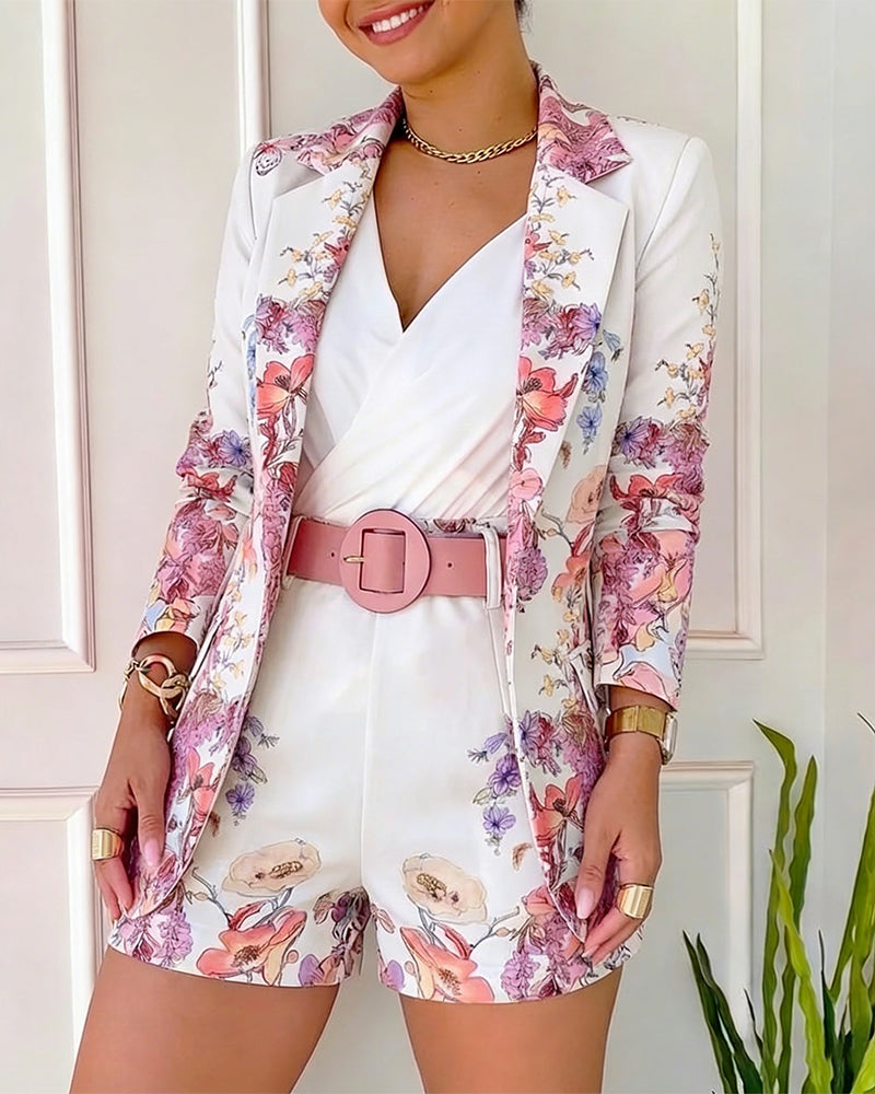 Conjunto de blazer y pantalones cortos con estampado floral para mujer: elegante chaqueta de una sola fila de botones y pantalones cortos de cintura alta con cinturón