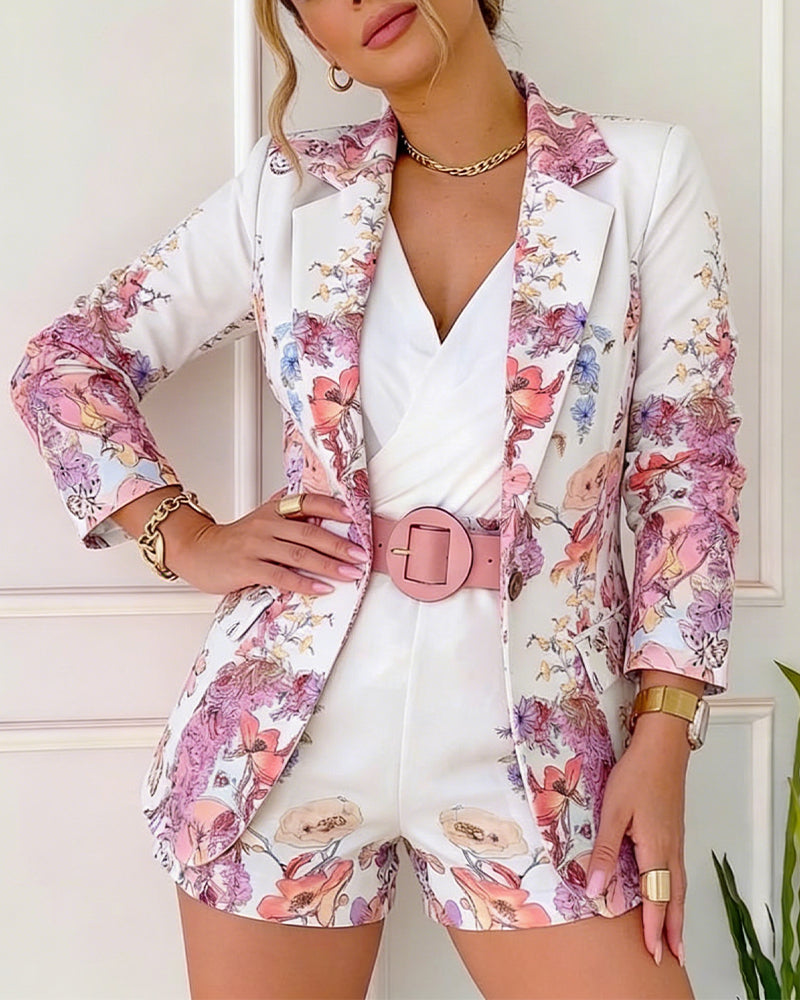 Conjunto de blazer y pantalones cortos con estampado floral para mujer: elegante chaqueta de una sola fila de botones y pantalones cortos de cintura alta con cinturón