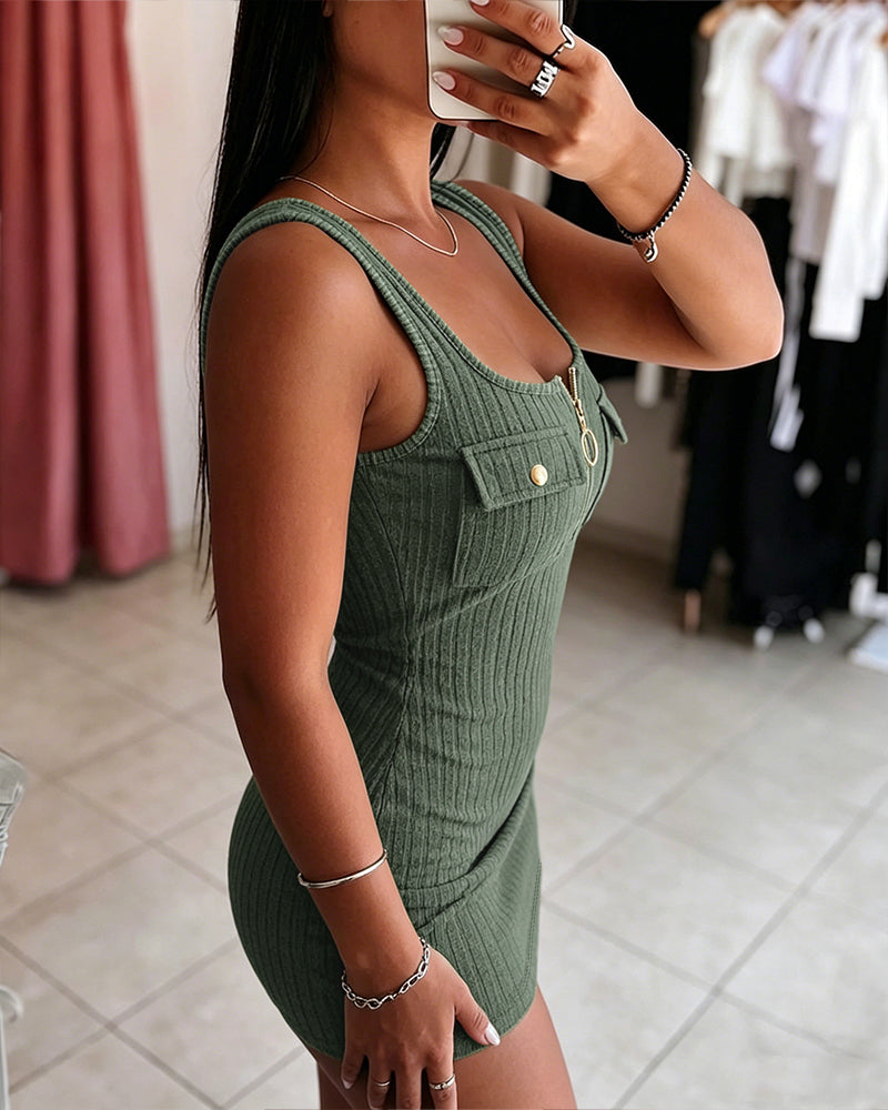 Vestido de punto acanalado para mujer, con tirantes anchos, cuello en U, corte ajustado, mini, y media cremallera, ideal para fiestas