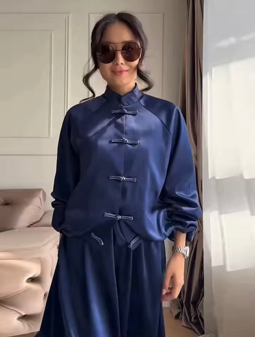 Ana| Conjunto de Pantalones Casuales de Satén Brillante, Chaqueta de Manga Larga con Cuello Alto y Botones Tipo Rana, Pantalones Anchos, Traje de Moda para Mujer, Primavera-Verano