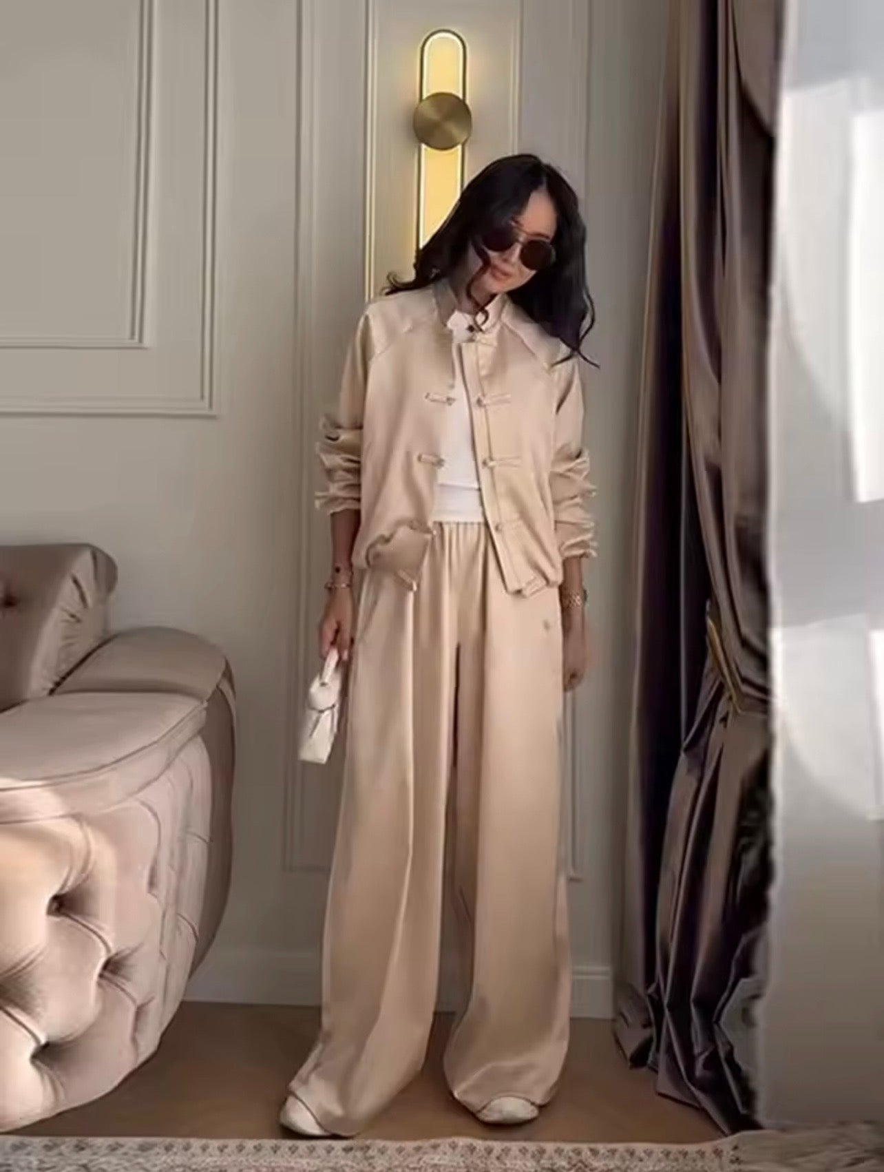 Ana| Conjunto de Pantalones Casuales de Satén Brillante, Chaqueta de Manga Larga con Cuello Alto y Botones Tipo Rana, Pantalones Anchos, Traje de Moda para Mujer, Primavera-Verano
