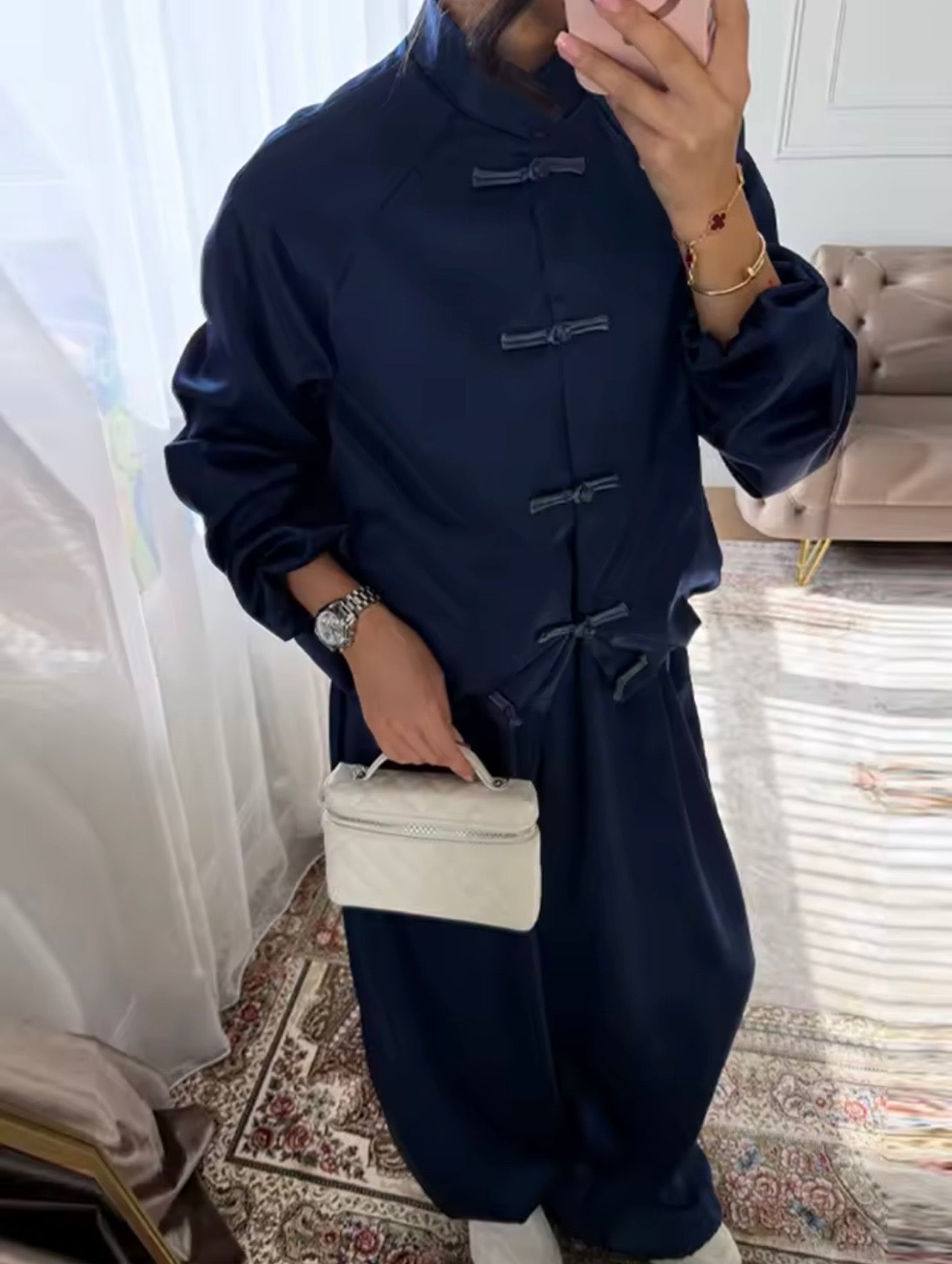 Ana| Conjunto de Pantalones Casuales de Satén Brillante, Chaqueta de Manga Larga con Cuello Alto y Botones Tipo Rana, Pantalones Anchos, Traje de Moda para Mujer, Primavera-Verano