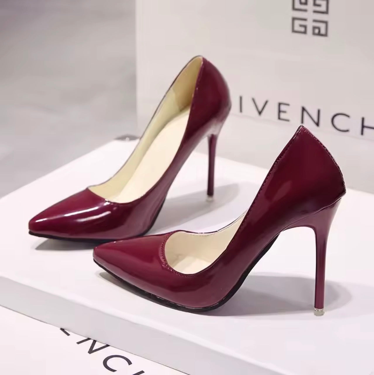 Zapatos de tacón alto de charol para mujer, calzado de boda, punta estrecha, Sexy, Color sólido, tamaño 10cm