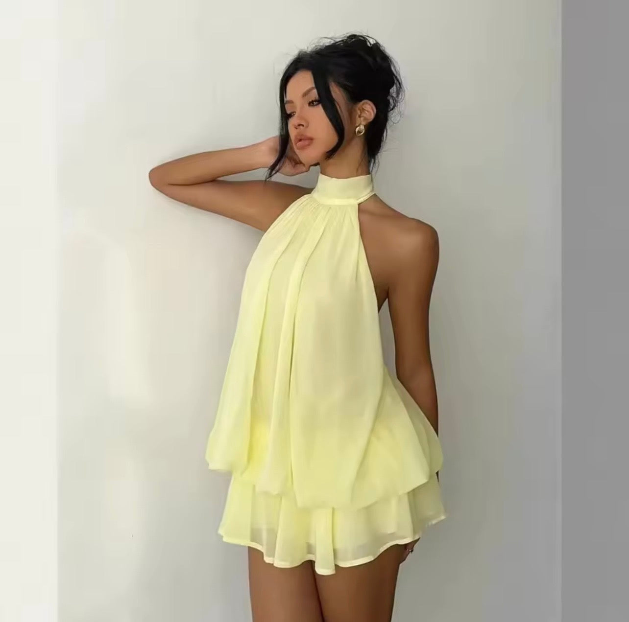 Lucia| Vestido Halter para Mujer, Minifalda Transparente de Gasa con Espalda Descubierta y Lazos Delanteros, Vestido de Fiesta Y2K Vintage Sexy y Moderno para Cumpleaños