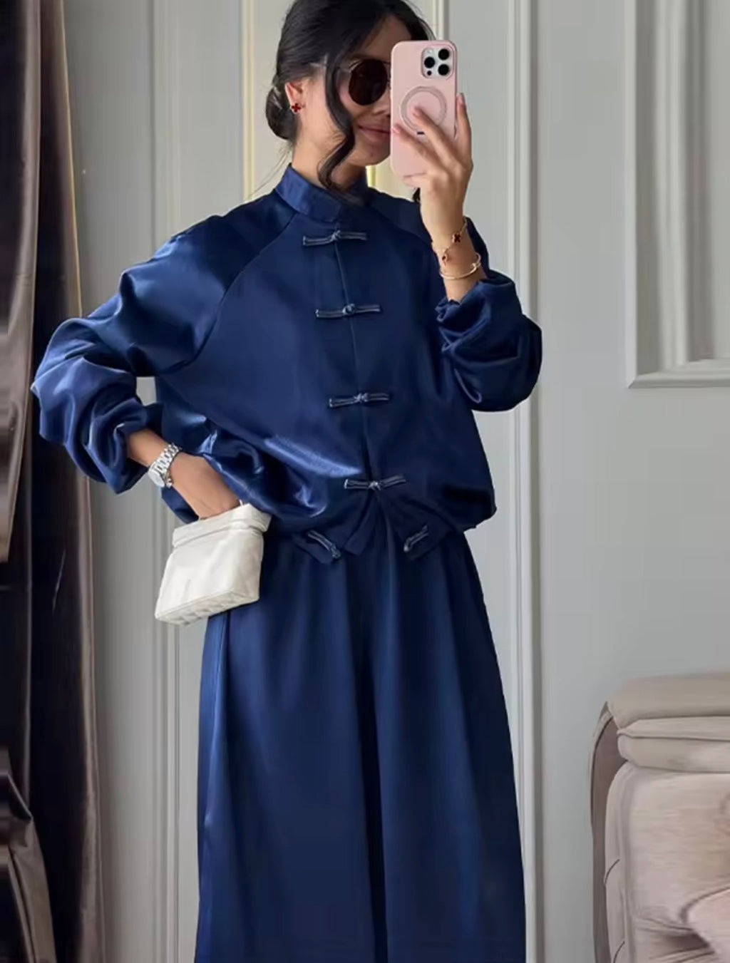 Ana| Conjunto de Pantalones Casuales de Satén Brillante, Chaqueta de Manga Larga con Cuello Alto y Botones Tipo Rana, Pantalones Anchos, Traje de Moda para Mujer, Primavera-Verano