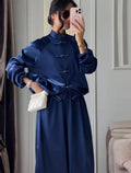 Ana| Conjunto de Pantalones Casuales de Satén Brillante, Chaqueta de Manga Larga con Cuello Alto y Botones Tipo Rana, Pantalones Anchos, Traje de Moda para Mujer, Primavera-Verano