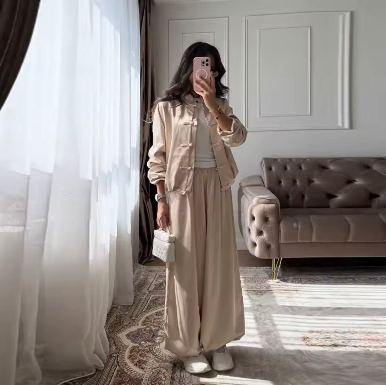 Ana| Conjunto de Pantalones Casuales de Satén Brillante, Chaqueta de Manga Larga con Cuello Alto y Botones Tipo Rana, Pantalones Anchos, Traje de Moda para Mujer, Primavera-Verano