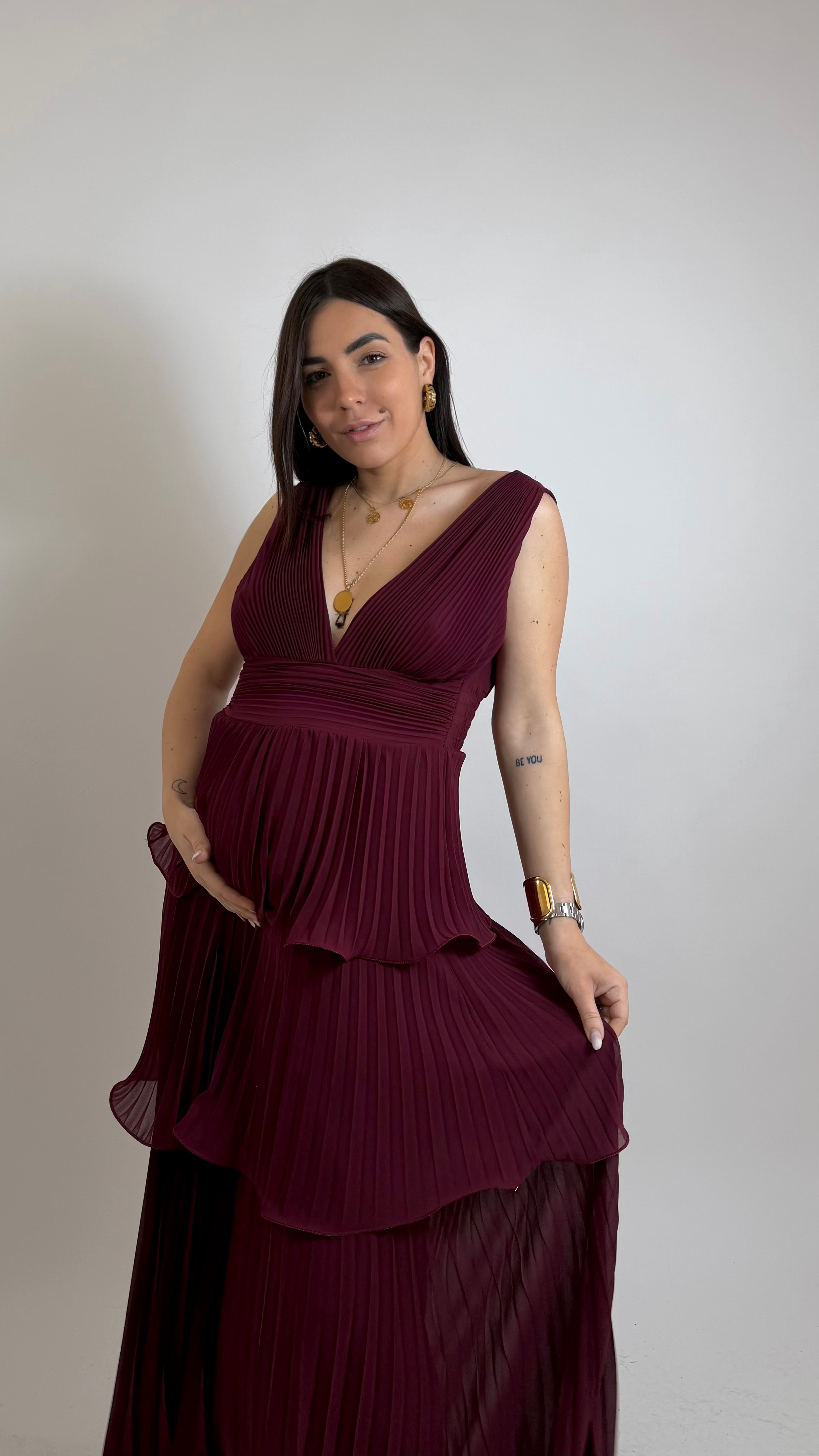 Vestido Maternidad Plisado Borgoña