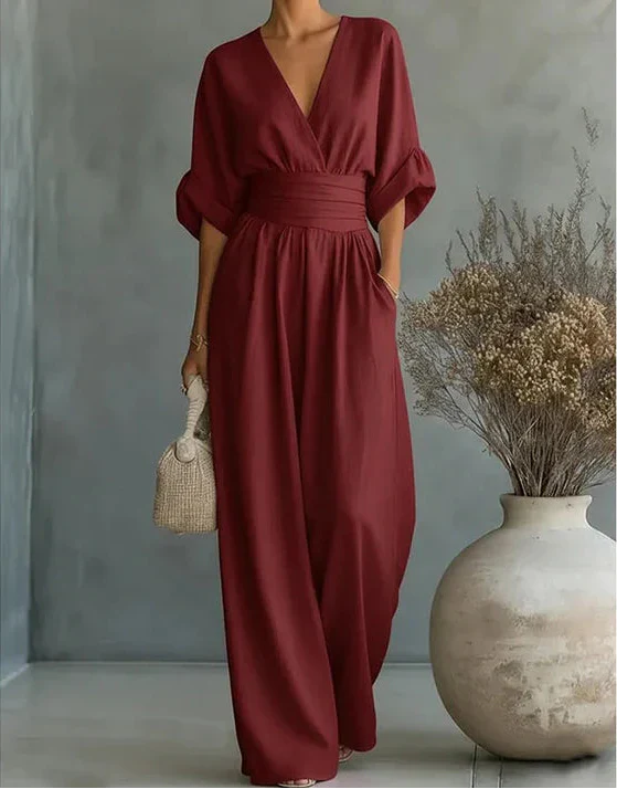 Martina – Elegante mono con escote en V y perneras anchas – Elegante mono con escote en V y perneras anchas