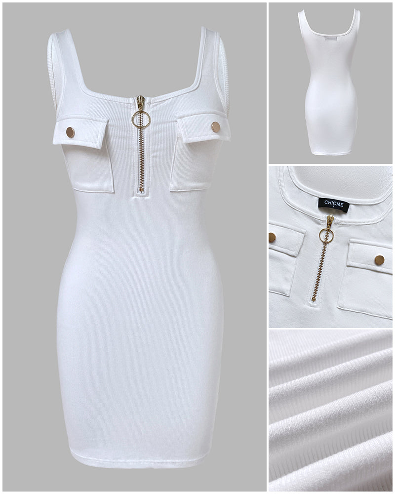 Vestido mini sin mangas con cremallera dorada para mujer: vestido ajustado de punto acanalado con bolsillos